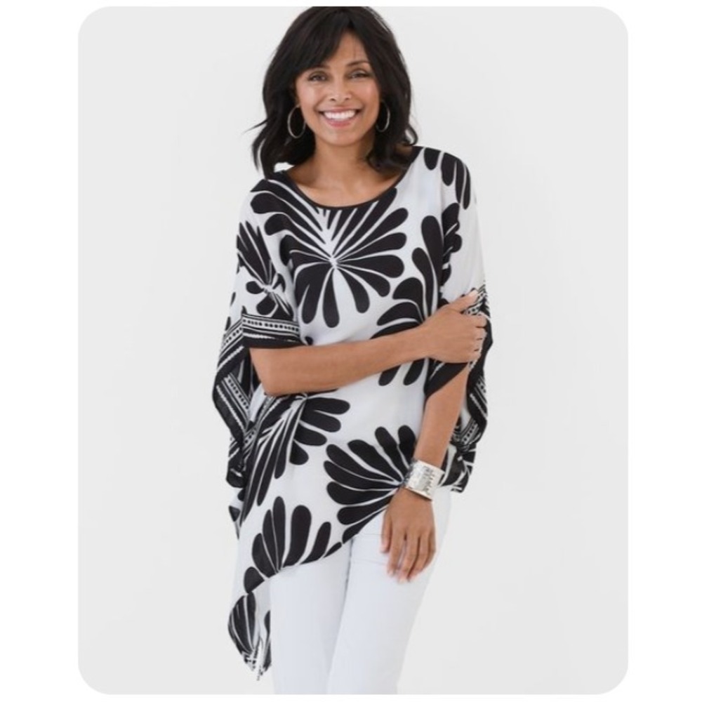 Chicos One Size / Sz XL Tropical Palm Print Side Tie Poncho Black White Vacation